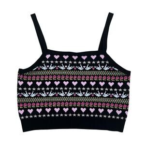 Anthropologie Maeve Black & Pink Fair Isle Heart Print Sleeveless Sweater Large